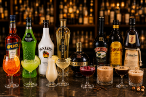 Aperol, Midori, Malibu, St Germain, Chambord Baileys, Kahlua, Frangelico