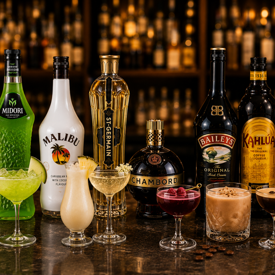 Aperol, Midori, Malibu, St Germain, Chambord Baileys, Kahlua, Frangelico